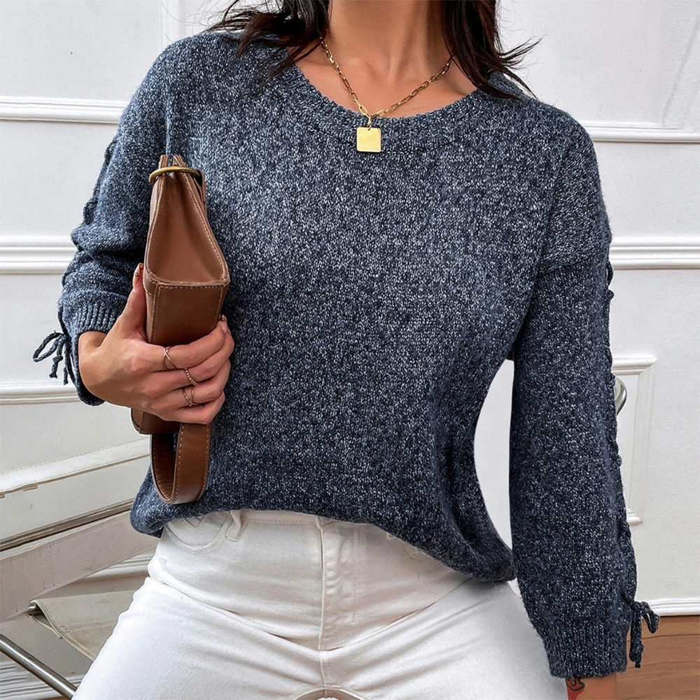 Shiny Designer Lace-Up Long Sleeve Round Neck Sweater